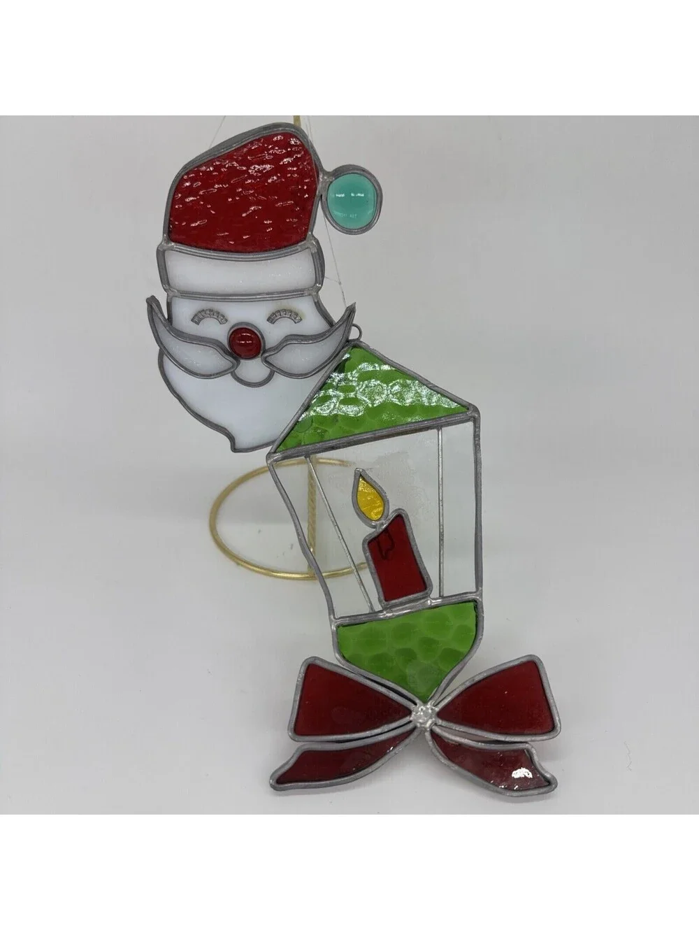 2 Vintage Handmade Stained Glass Suncatcher Ornaments Santa Candle Lantern Bow